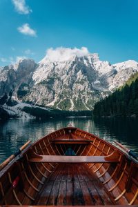 boat, lake, nature, mountains, snow, italy, dolomites, alps, landscape